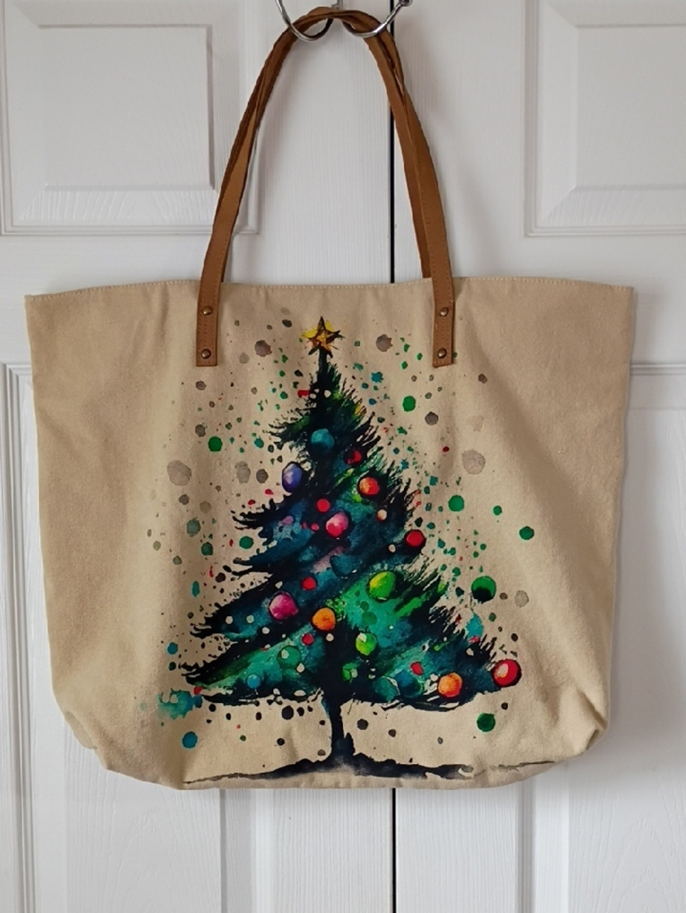 Cott N Curls Christmas Tree Beige Zipper Tote Bag